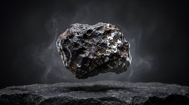 Space meteorite floating above rocky surface with dust particles
