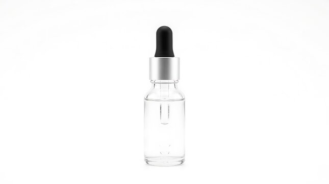 Clear glass cosmetic dropper bottle mockup with black bulb and silver cap isolated on white background