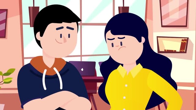 Young coworkers having a funny workplace conflict in this colorful flat animation style digital motion graphic video for professional presentations