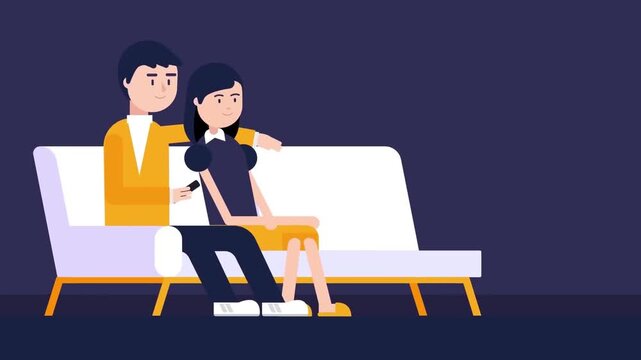 Happy couple relaxing together on comfortable modern sofa in this bright colorful 2d flat vector style digital motion animation clip
