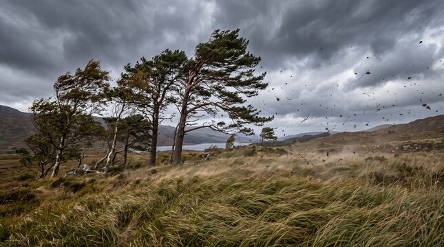 Wind swept pine trees in a dramatic stormy landscape of the Scottish Highlands under dark overcast clouds