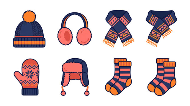 Collection of knitted winter accessories including hats mittens ear muffs scarves and socks with geometric patterns isolated on transparent background