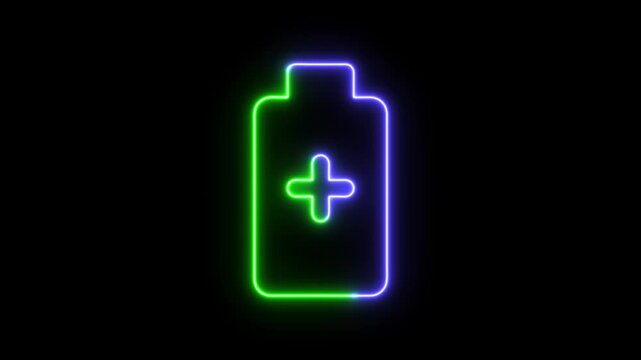 Neon battery icon with a plus sign glowing in blue and green colors