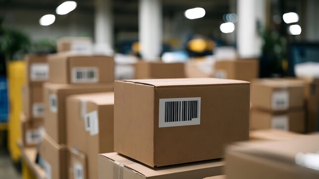 Stacked cardboard boxes with barcode labels in a warehouse setting under bright overhead lighting