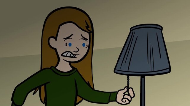 Nervous young girl pulling a lamp chain switch creating fluctuating indoor lighting patterns within this animated digital motion video clip