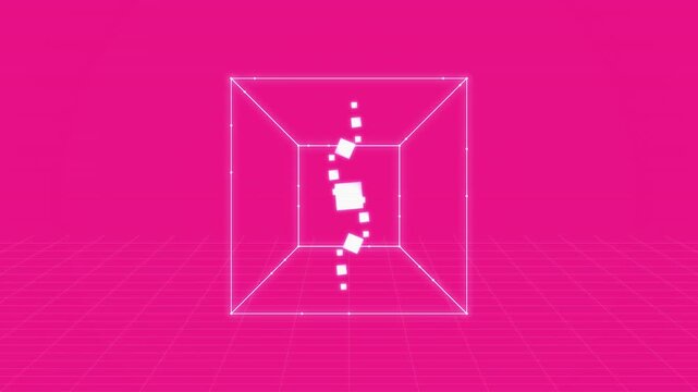 White wireframe cube rotates with floating square particles on pink grid