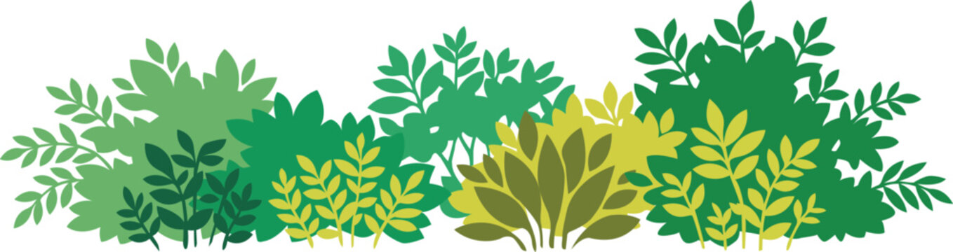 Green garden bushes and shrubbery border vector, lush foliage hedge with various leaf shapes, decorative botanical landscape elements for garden design
