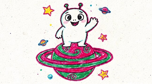 Cute Cartoon Alien Waving Hello From a Colorful Planet in Outer Space, Whimsical Sci-Fi Illustration for Children's Books and Playful Designs
