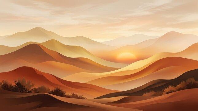 A serene landscape with rolling hills and a distant mountain range, illuminated by a warm, golden sunset, with a clear sky and a few scattered clouds.