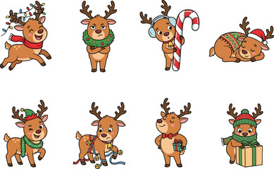 Fototapeta premium Cute Christmas Reindeer Character Collection Festive Winter Holiday Animal Illustration Set