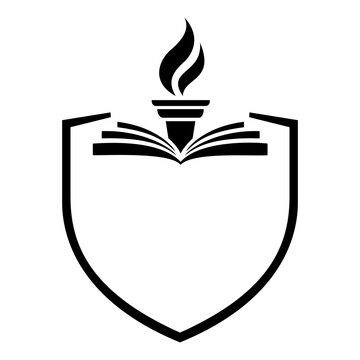 Education Shield with Open Book and Torch Vector