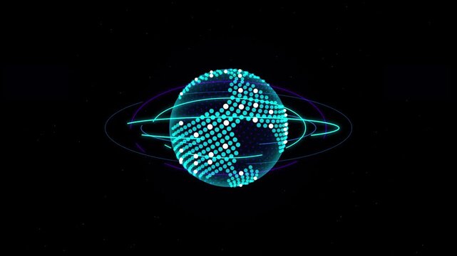 Futuristic digital globe rotating hologram earth on dark background glowing cyber particle network