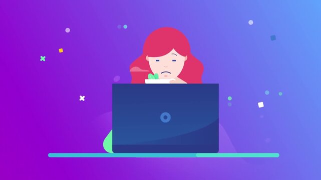 Tired office worker sitting behind laptop screen with hot coffee cup in animated motion video footage for digital creative projects
