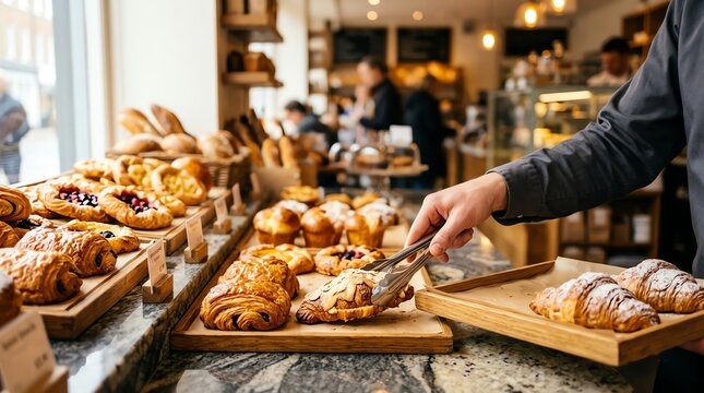 Baker's hand serving fresh pastries with tongs from a display counter in a bakery