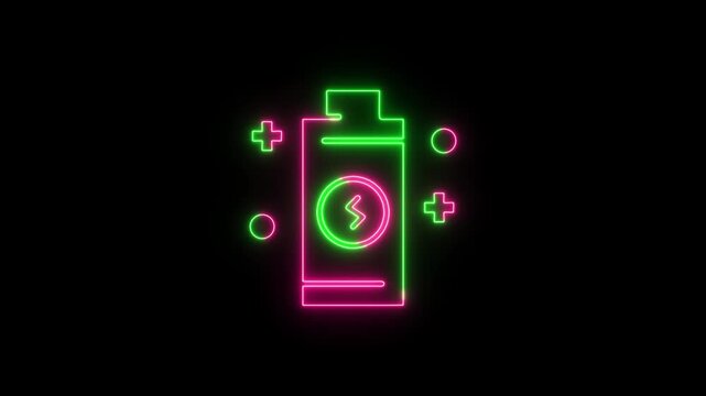 Bright neon battery icon with lightning bolt symbol glowing in green and pink light on a dark black background