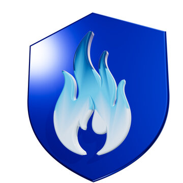 Security shield icon featuring blue flame representing firewall and digital protection against cyber threats.