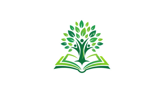 Vibrant green tree logo featuring human silhouettes growing from an open book with modern style