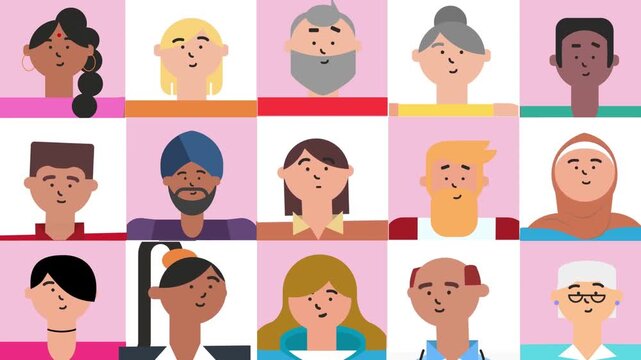 Diverse group of animated faces in a grid layout motion clip showing multicultural people smiling and interacting in a video