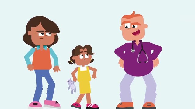 Friendly male doctor talking with a young patient and her caring mother in this colorful animated medical care motion clip