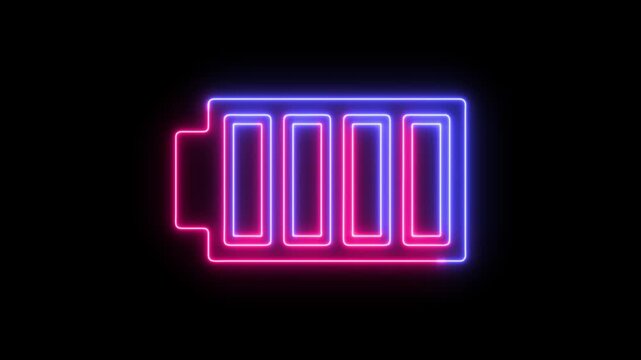 Neon glowing battery icon with pink and blue light effect on dark background