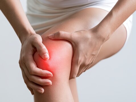 Person holding painful swollen knee joint area with red highlighted inflammation