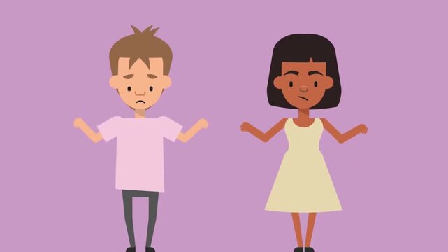 Cartoon boy and girl shrug their shoulders in confusion while standing together in this minimalist flat vector animation motion video