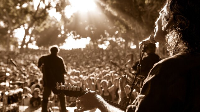 Musicians performing on outdoor stage before a large crowd, guitar neck in foreground, warm sunlight filtering through trees at an open air concert