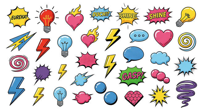 Element Colorful Collection of Comic Book Pop Art Elements Featuring Speech Bubbles Lightning Bolts Light Bulbs and Hearts Isolated on a White