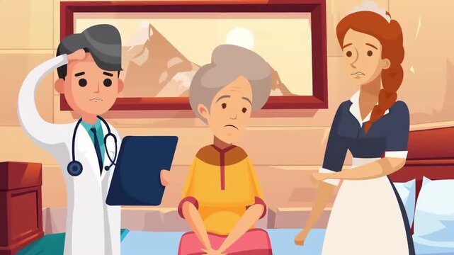 Concerned doctor and caregiver supporting an elderly woman in this sad medical animation video footage showing a difficult health situation