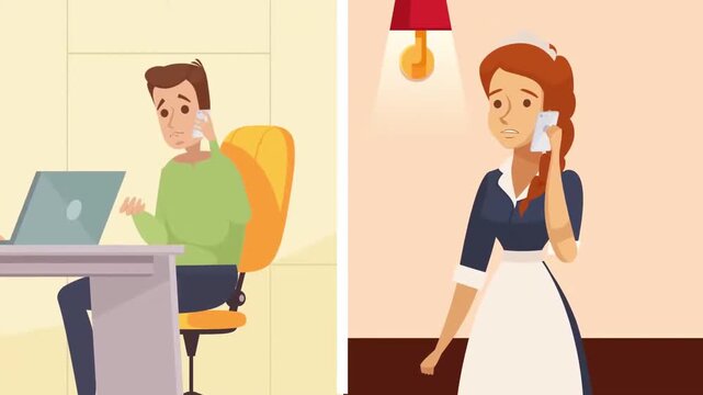 Office employee and professional maid talking on smartphones in split screen animation video showcasing busy daily routine and lifestyle communication