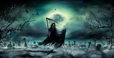 Fototapeta premium Grim Reaper - Death Demon With Scythe And Halloween Moon In GraveYard