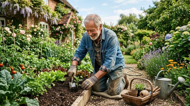 An older man in a garden, tending to plants and using gardening tools. He is wearing a denim shirt and gloves, surrounded by lush greenery and blooming flowers. 