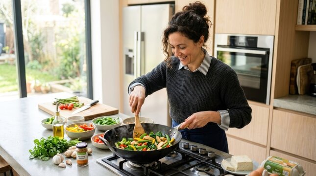 A woman cooks vegetables in a wok in a modern kitchen. She is stirring the ingredients with a wooden spoon and appears focused on her task.