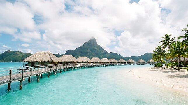 Bora bora tropical island resort with luxury overwater bungalows and wooden pier stretching over crystal clear turquoise ocean