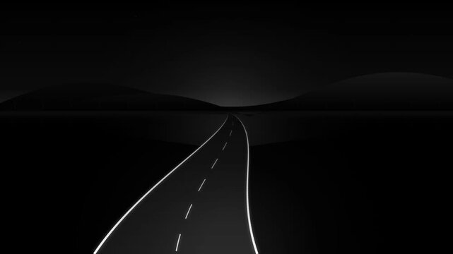 Minimalist black and white animation of an endless winding highway road at night with glowing lines
