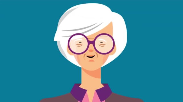 Elderly woman with white hair and purple round glasses talking in a flat design motion graphics animation video clip style