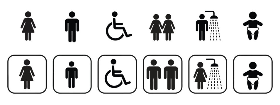 Toilet restroom vector icons featuring male and female WC signs for public bathrooms, washrooms, facilities, navigation, and wayfinding signage