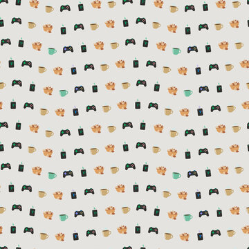 Pattern of video game controllers, coffee cups, nuts, and candles