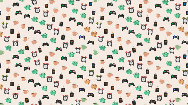 Pattern of video game controllers, alarm clocks, and coffee cups