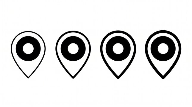 Location pin icon collection featuring four map markers with varying outline thicknesses, circular centers, and solid black fill, clean minimalist geometric vector style on white.