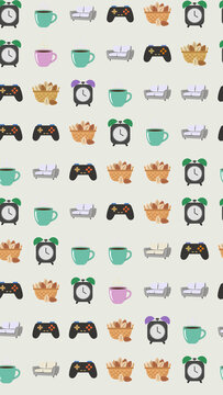 Seamless pattern of icons: clocks, cups, sofas, controllers, nuts
