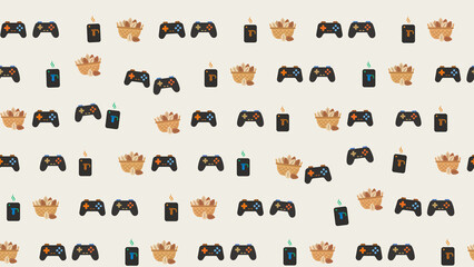 Fototapeta premium Video Game Controllers, Nuts, and Candles Pattern