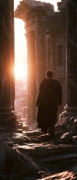 Ancient Roman senator wearing a toga walking through massive marble forum ruins