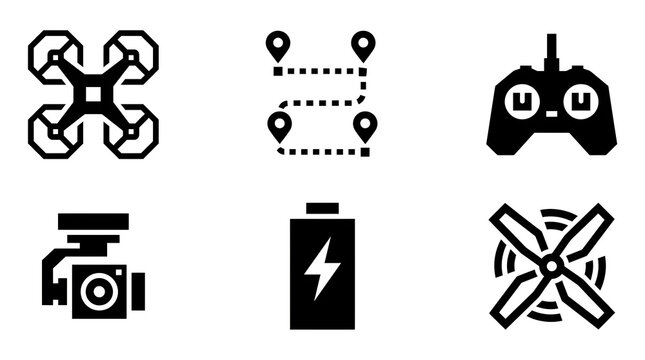 Six black and white icons representing various drone components and functionalities like flight path, remote control, camera, battery, and propellers.