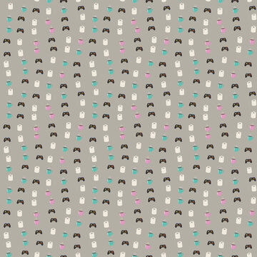 Video game controllers, cups, and toilet paper pattern