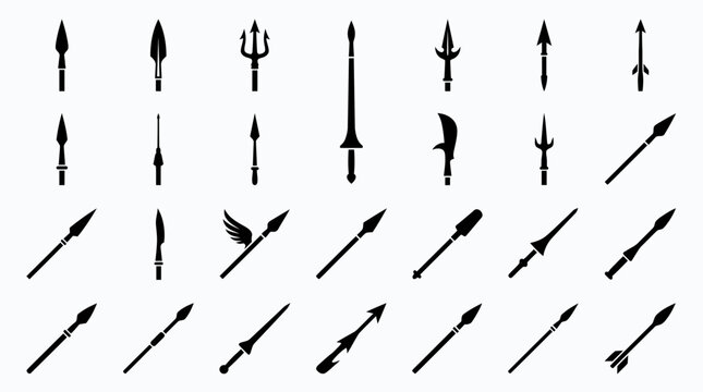 Collection of black spear silhouettes and ancient polearm icons isolated on white background, symbolizing historical warfare and representing primitive weapon design elements