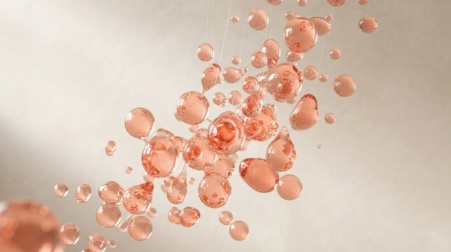 A cluster of pink droplets suspended in mid-air against a light-colored background.