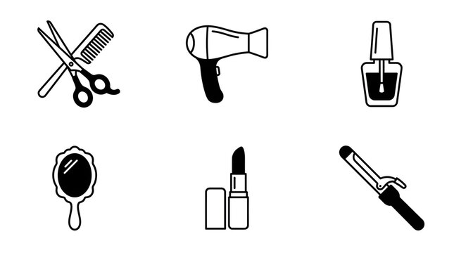 A collection of black and white line art icons representing various beauty and hair care tools and cosmetics.