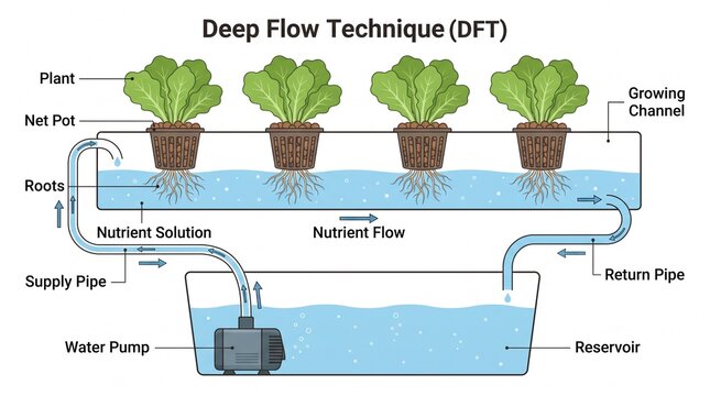 Educational illustration of deep flow technique hydroponic system for indoor plant cultivation and nutrient solution cycling