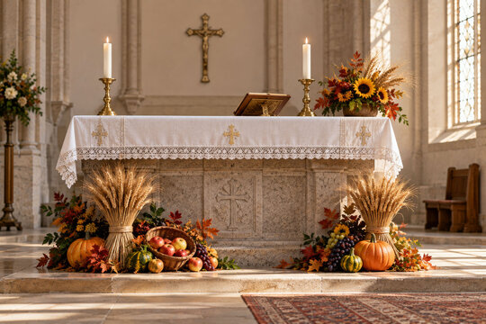 Harvest Thanksgiving Altar with Offerings &ndash; Christian Worship, Blessing and Gratitude